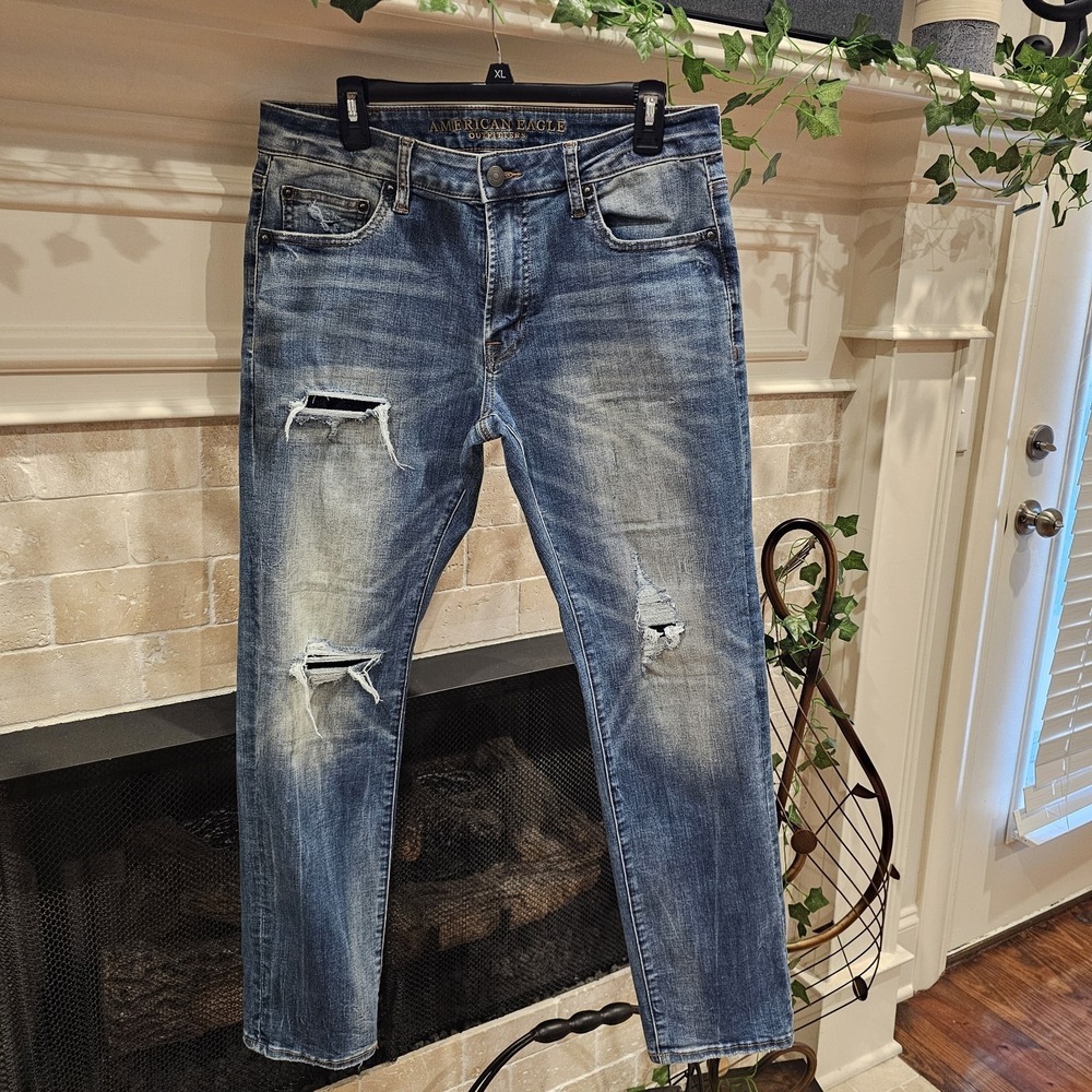 American Eagle Extreme Flex 4 Slim Straight Distressed Blue Jeans Mens 33x32